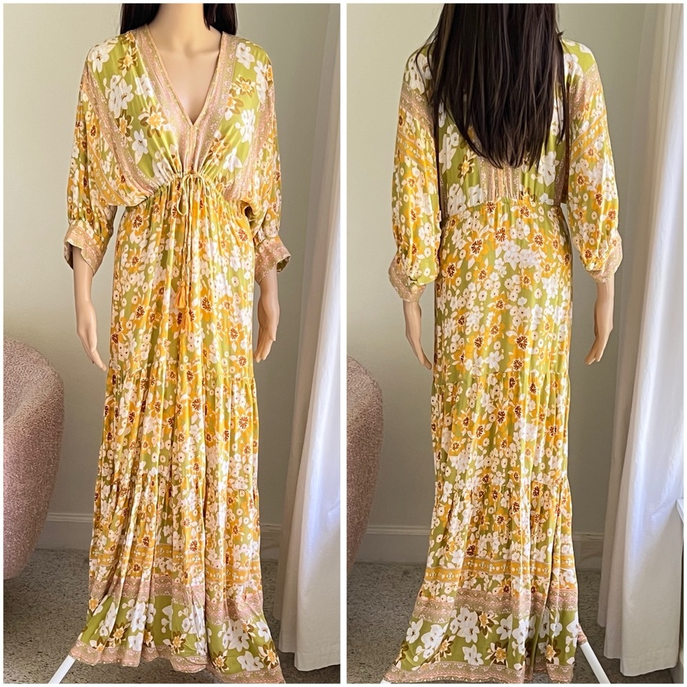Aakaa Bohemian Floral Yellow Mixed Print Long Flowy Maxi Dress Size Small - Picture 6 of 15